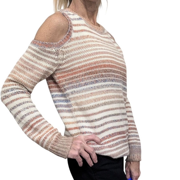 Rebecca Minkoff Page Sweater in Chalk Stripe Wool Blend Open Shoulders Size XS - Picture 2 of 7